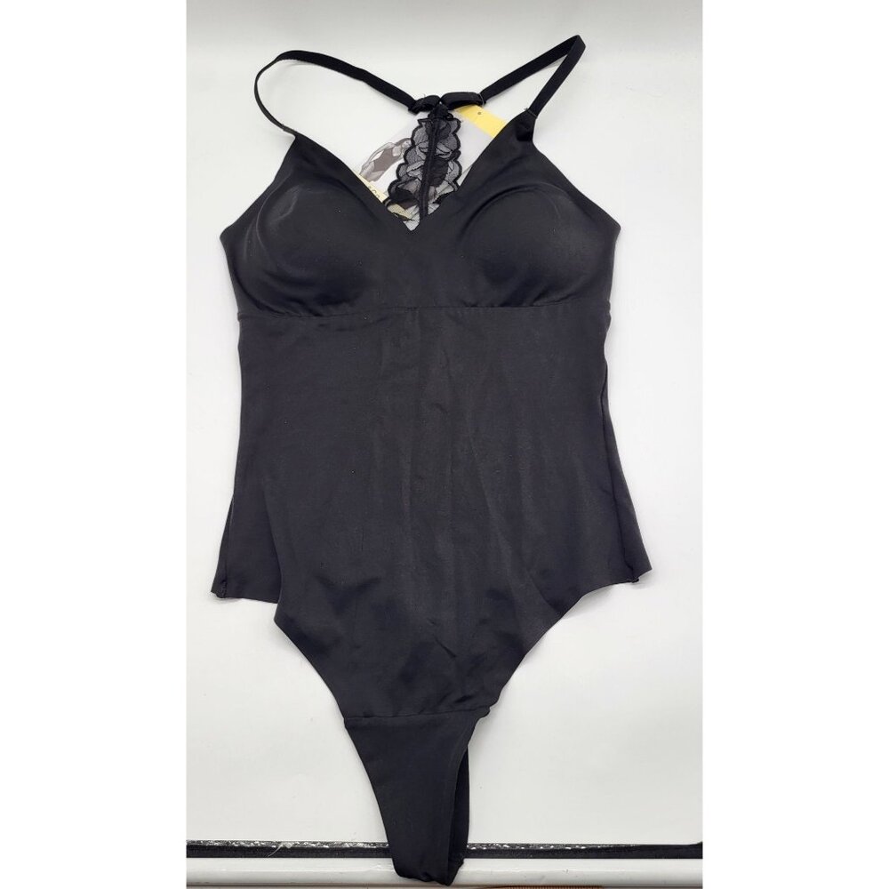 True & Co SZ Small Black V Neck Soft Lace Racerback Bodysuit Thong Wire Free - Picture 1 of 8